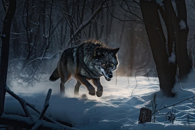 Wolf running through snowy forest its fur shining in the moonlight