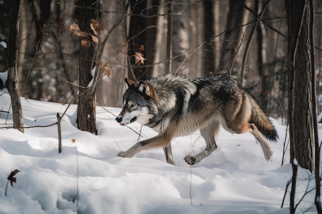 Wolf running through snowy forest its paw prints visible in the snow