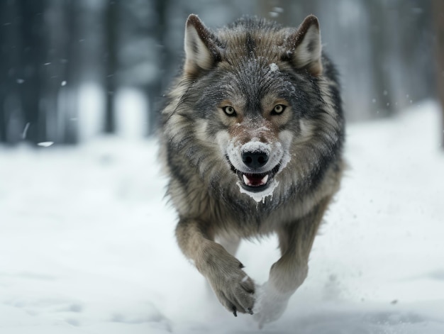 Wolf running through winter forest