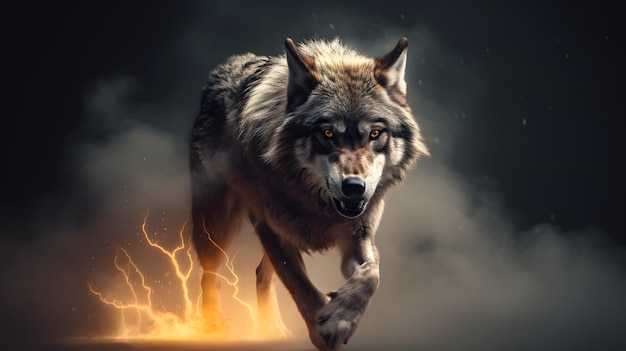 A wolf running with lightning on his back