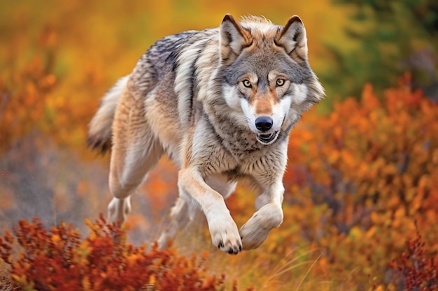 A wolf runs through a field of autumn leaves.