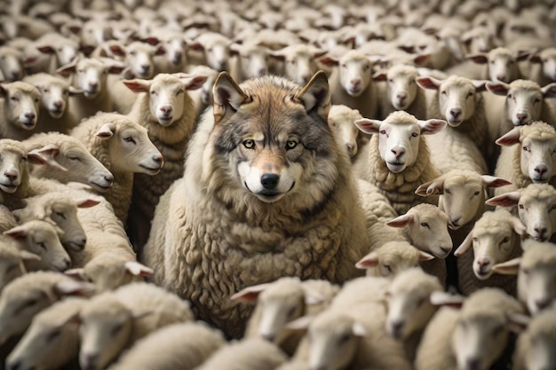 Photo a wolf in sheep's clothing among sheep