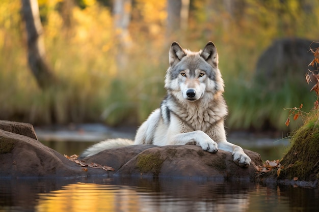 A wolf sits on a rock in a pond.