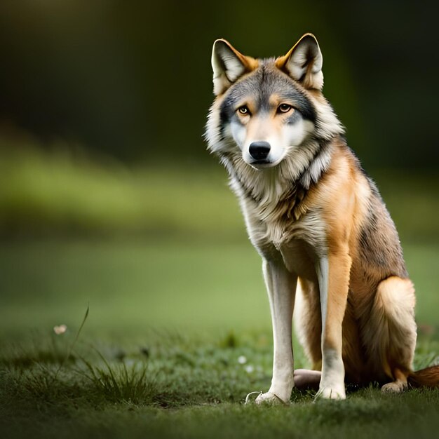 A wolf sitting in a field with a green background.