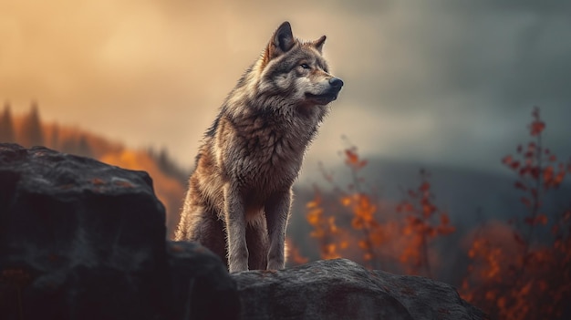 A wolf sitting on a rock with a sunset in the background