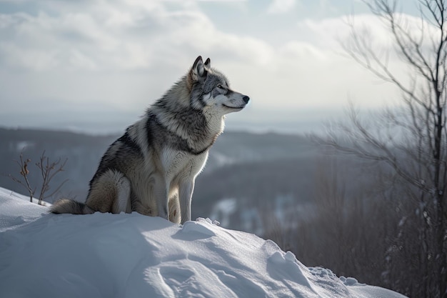 Wolf sitting on snowy hill surveying its territory