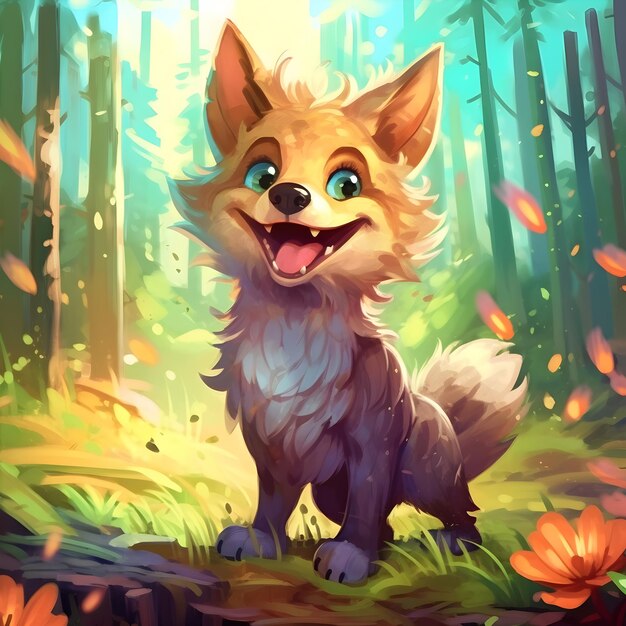 a wolf smiling cartoon character in the forest