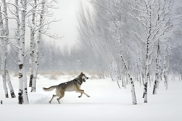 雪の中のオオカミ 雪の中のオオカミに近いオオカミと魅力的な冬景色 AI が生成したニューラル ネットワーク
