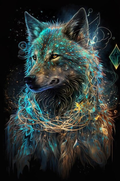 Wolf spirit portrait Digital AI illustration with forest animal