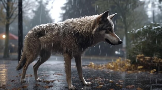 Photo a wolf standing alone in the rain in a forest generative ai