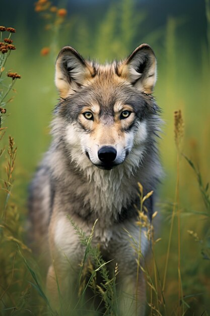 a wolf standing in a field of tall grass