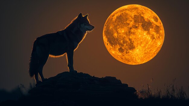 Foto il lupo in piedi sulla collina sotto la luna piena