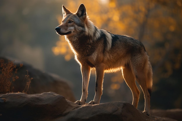 A wolf standing on a rock in the forest