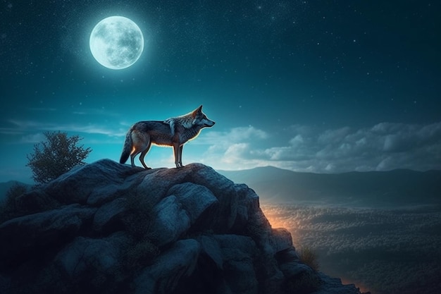 Wolf standing on a rock and looking at the moon 3d rendering