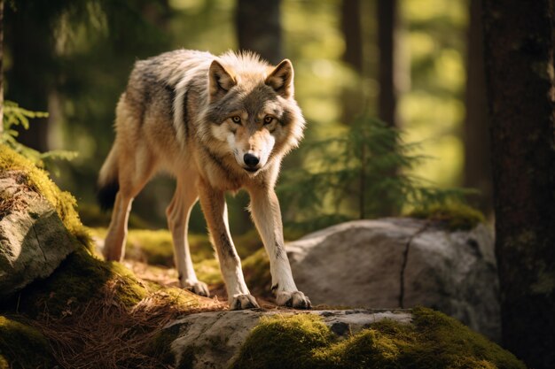 A wolf standing on a rock in the woods