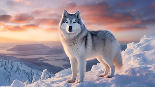 A wolf standing in the snow with the sky in the background