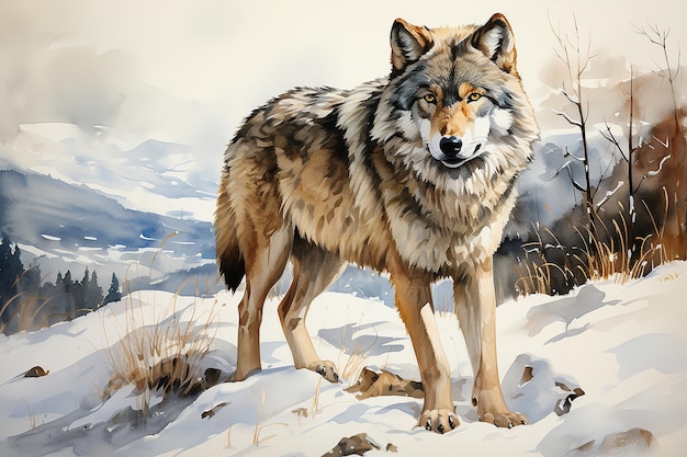 A wolf standing in a snowy forest drawn with watercolor