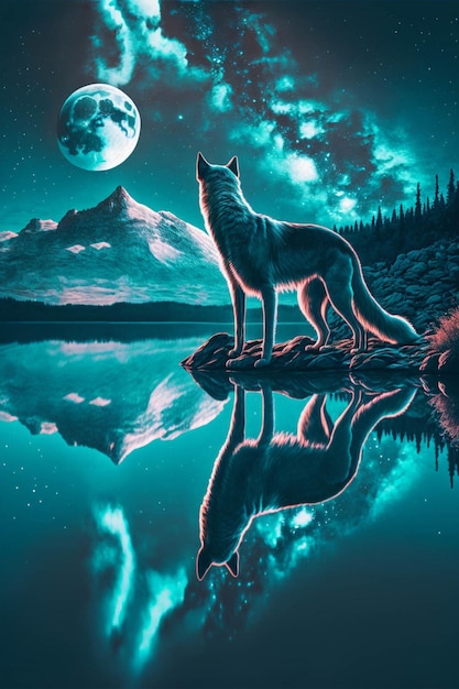 Wolf standing on top of a rock next to a body of water generative ai