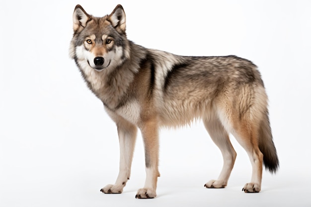 a wolf standing on a white surface with a white background