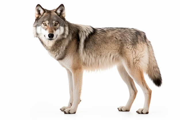 흰색 바탕에 흰색 표면에 서 있는 늑대