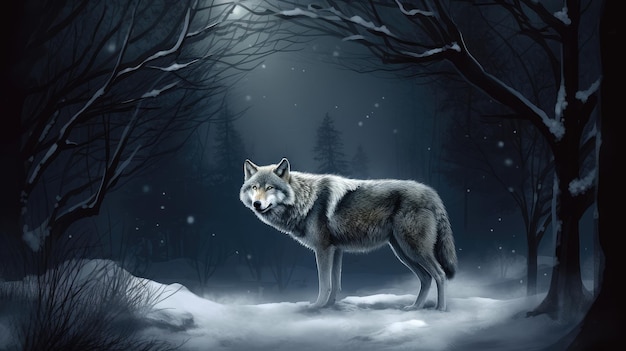 A wolf standing in the winter snow