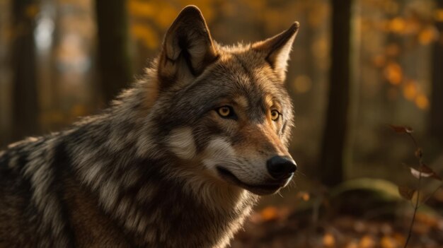 Wolf stands in the forest Generative AI