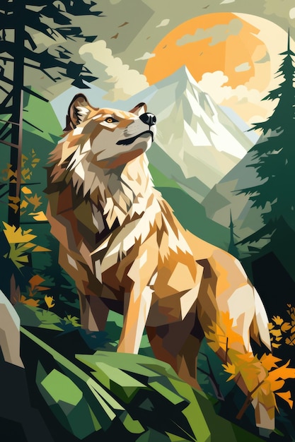 A wolf stands in the forest with mountains in the background ai