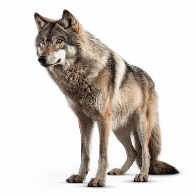 A wolf stands in front of a white background.