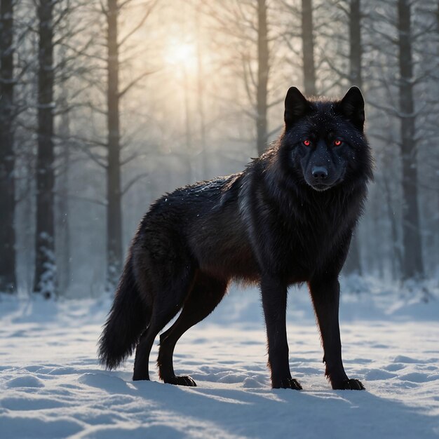 a wolf stands in the snow with the sun shining through the trees ai