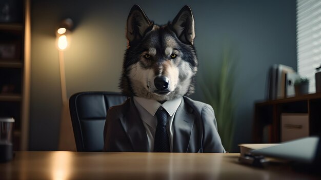 A wolf in a suit sits at a desk in front of a desk