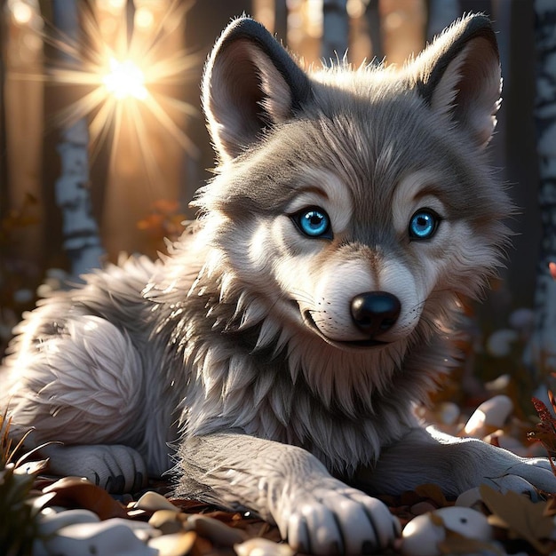 A wolf that has blue eyes and a forest in the background