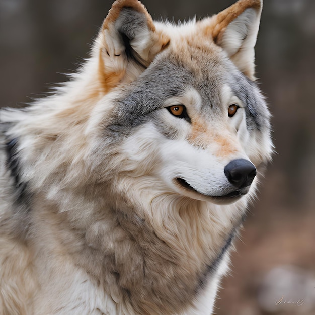 a wolf that has a brown face and a black nose