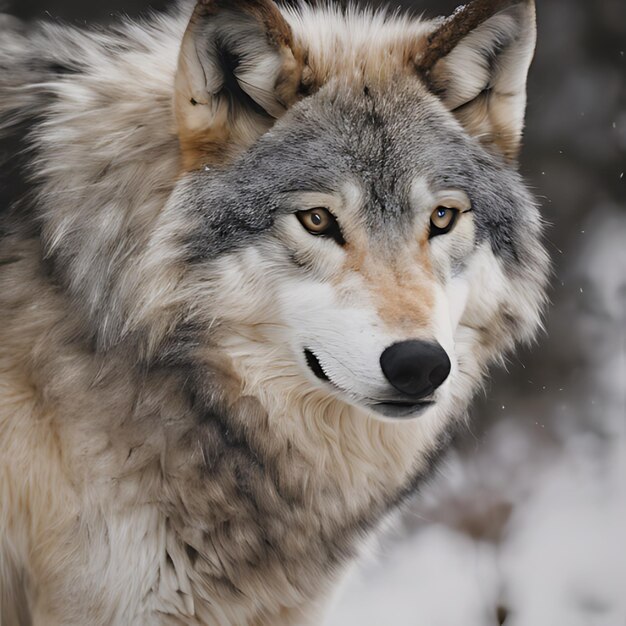 a wolf that has a brown face and a white face and brown eyes