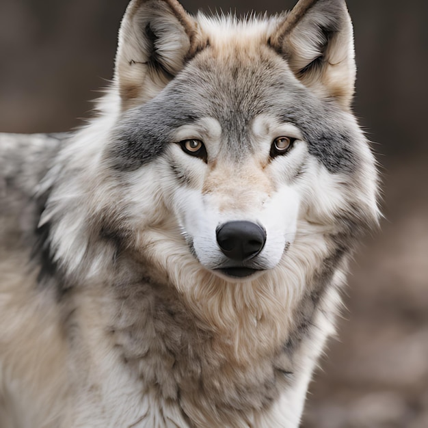 a wolf that has a gray face and a black nose