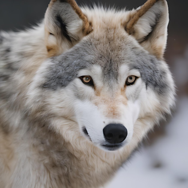 a wolf that has a gray face and brown eyes