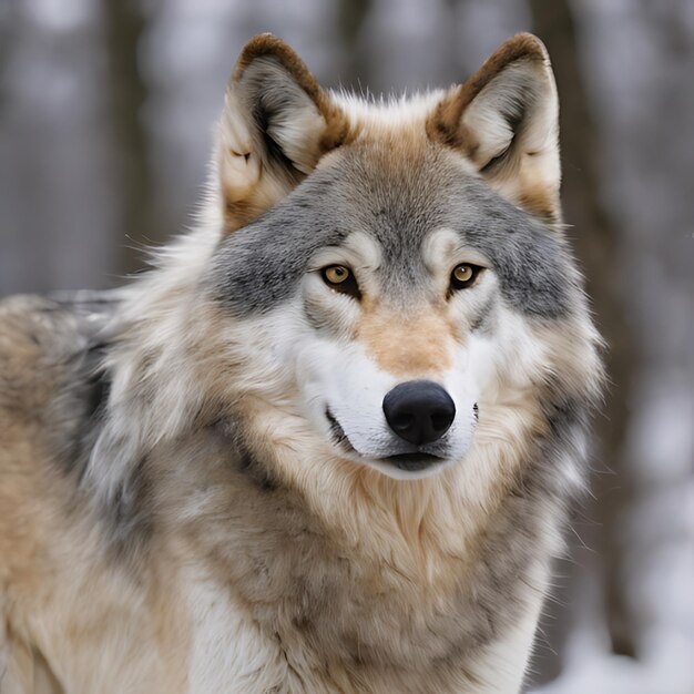 a wolf that has a gray face and brown eyes