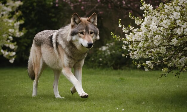 wolf walking in a garden with blossoms