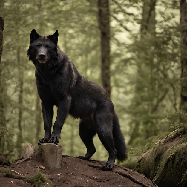 A wolf was on a rock in a forest