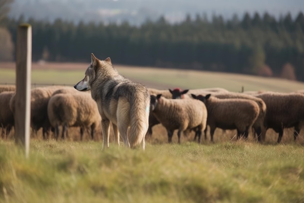 Wolf watching herd of sheep
