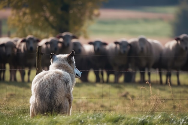 Wolf watching herd of sheep