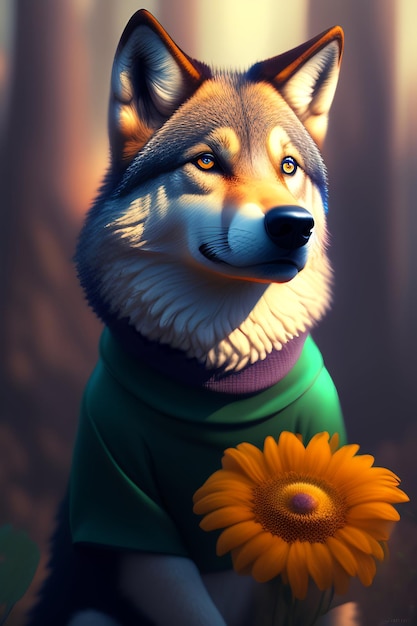 A wolf wearing a green shirt holds a sunflower.