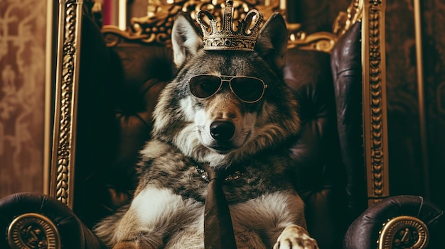 Фото Волк в галстуке с короной и солнцезащитными очками сидит на троне крупный план ai generative