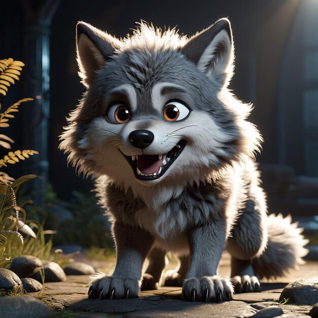 A wolf with a big eyes and a big smile on its face