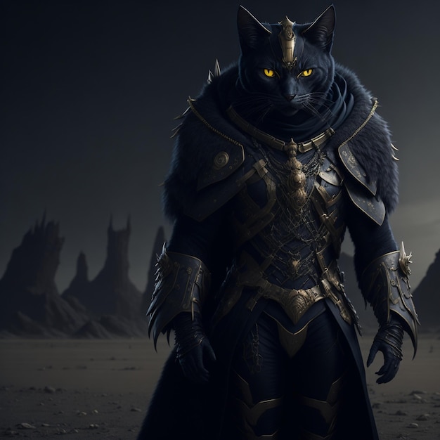 A wolf with a black coat and gold eyes stands in front of a mountain.