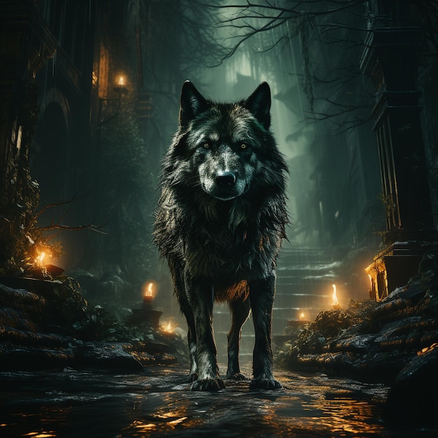 a wolf with a black fur coat stands in a dark room.