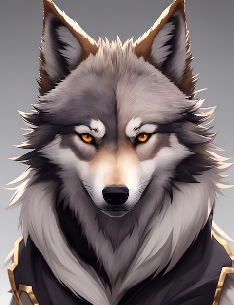 A wolf with a black jacket and yellow eyes