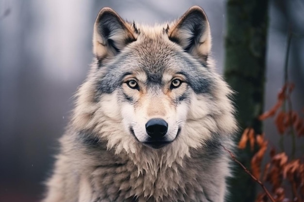 a wolf with a black nose and a red background.