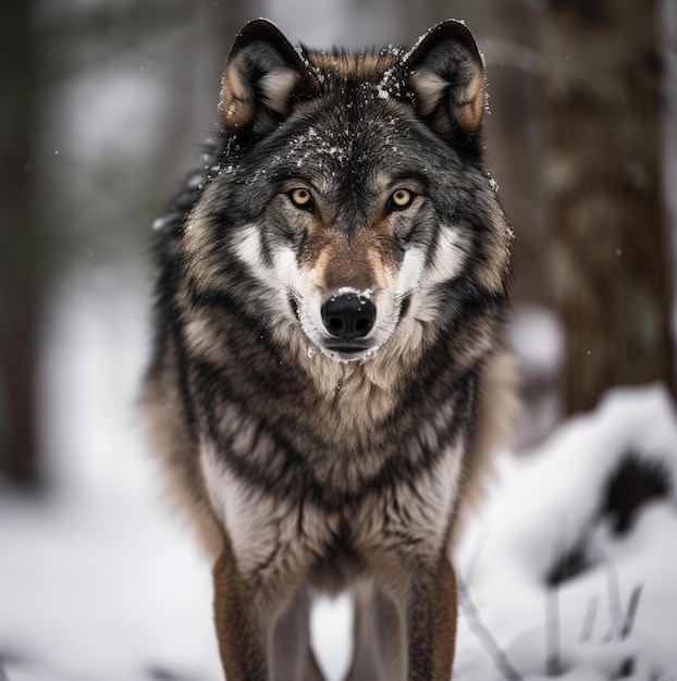 A wolf with a black nose and a white nose is standing in the snow.