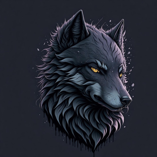 A wolf with a blue eye and a black background.