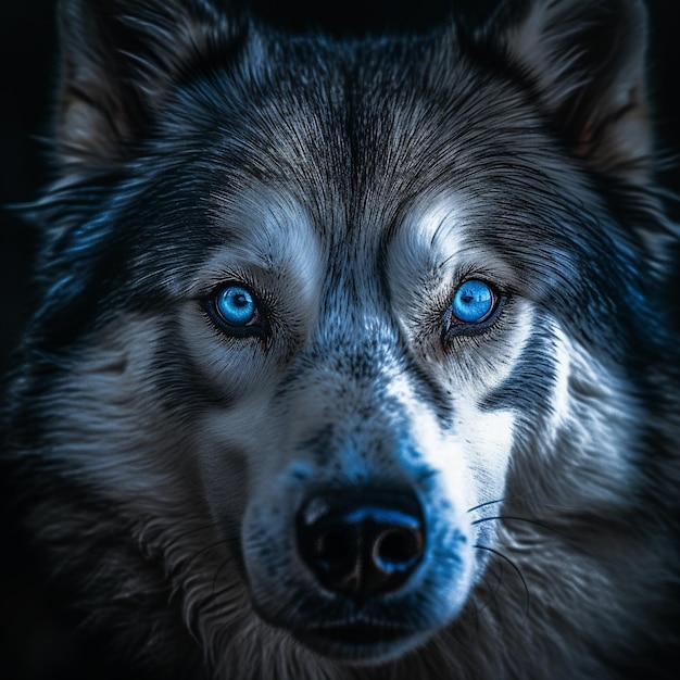 a wolf with blue eyes and a black background